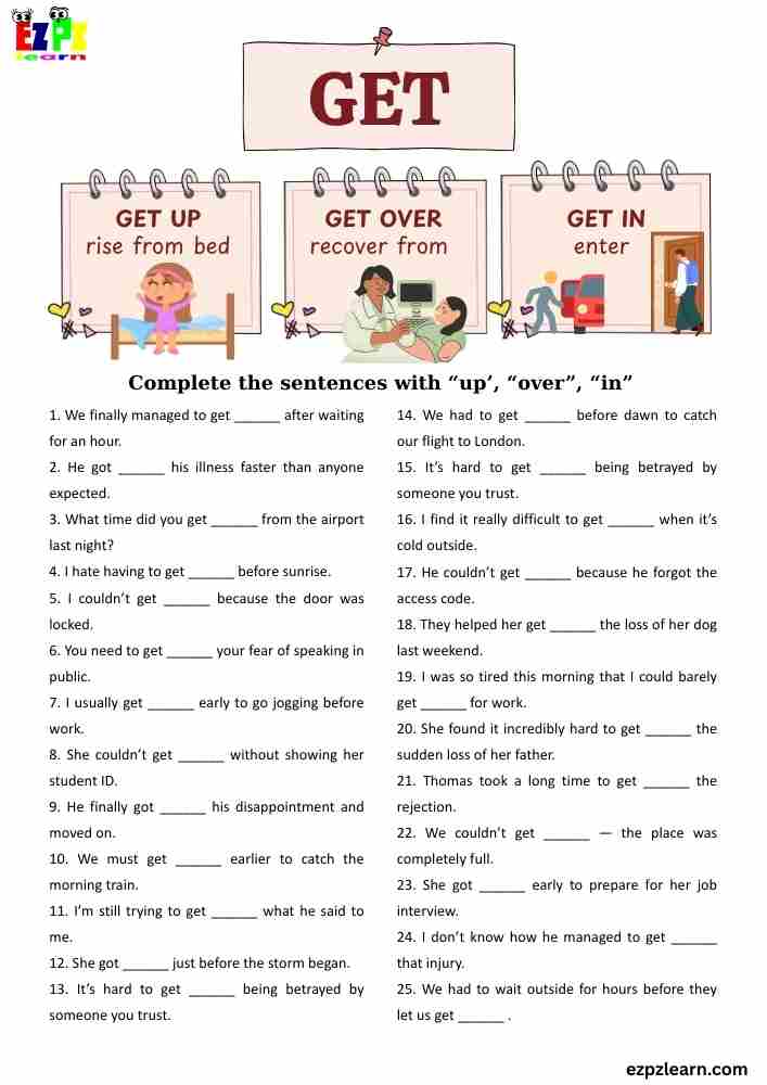 Phrasal Verbs with “Get” – 25 Sentence Worksheet | ESL Grammar Practice | Free PDF